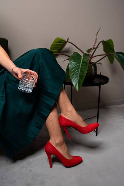 Portrait of woman's legs with stylish high heels and pantyhose