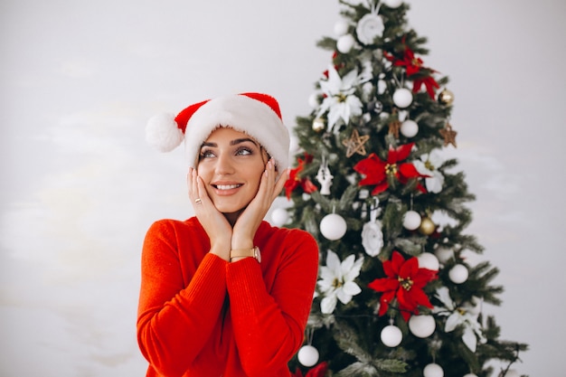 크리스마스에 산타 모자에있는 여자의 초상화