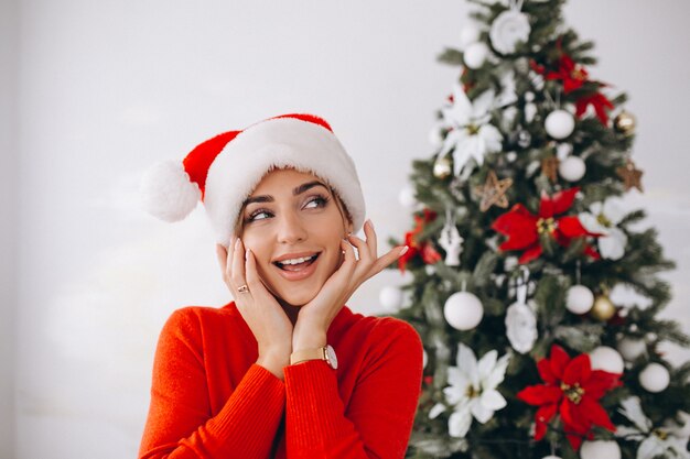 クリスマスのサンタの帽子の女性の肖像