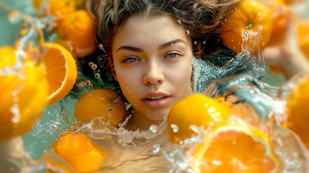 夏に熱帯の果物で泳ぐ女性の肖像画