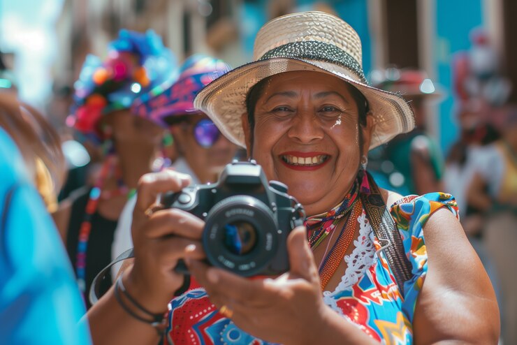 無料Photo 世界写真の日のために装置で写真を撮る女性の肖像画