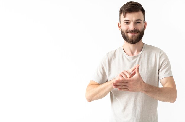 Portrait of woman teaching sign language