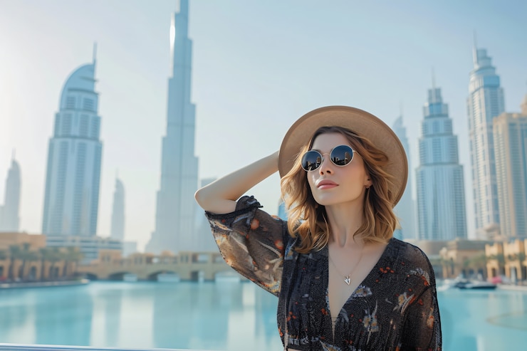 Free Photo portrait of woman visiting the luxurious city of dubai