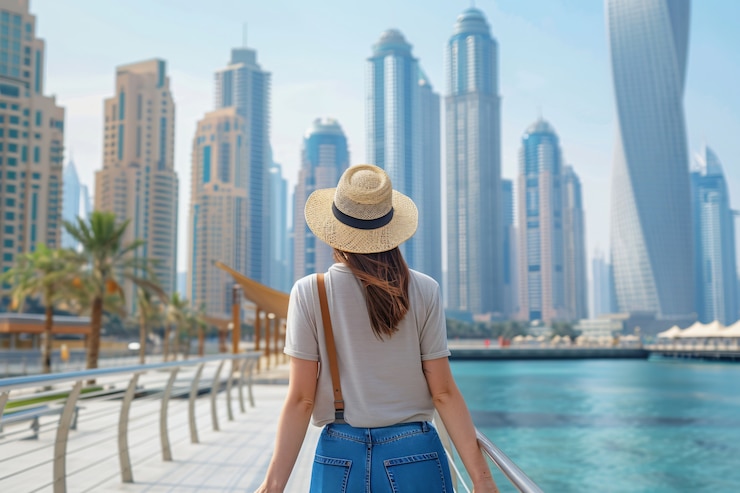 Free Photo portrait of woman visiting the luxurious city of dubai