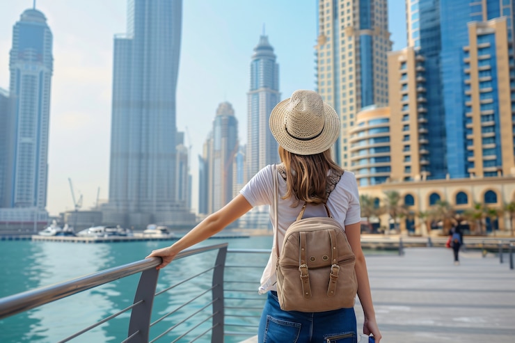 Free Photo portrait of woman visiting the luxurious city of dubai