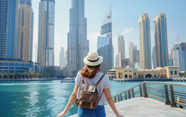 Free Photo portrait of woman visiting the luxurious city of dubai