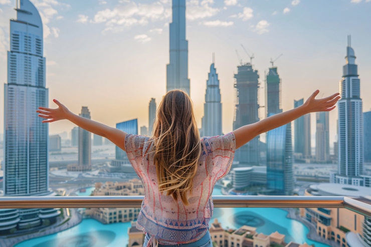 Free Photo portrait of woman visiting the luxurious city of dubai