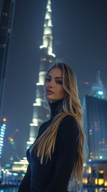 Free photo portrait of woman visiting the luxurious city of dubai