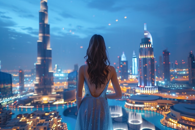 Free photo portrait of woman visiting the luxurious city of dubai