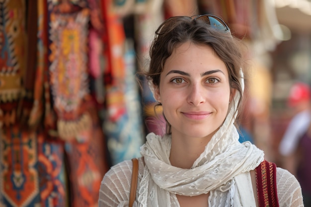 Free photo portrait of woman visiting the luxurious city of dubai