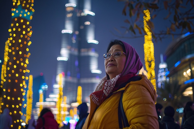 Free photo portrait of woman visiting the luxurious city of dubai