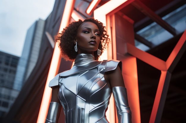 Portrait of woman wearing futuristic superhero suit