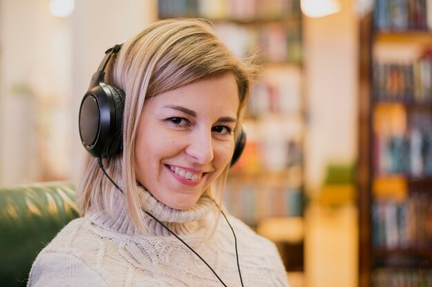 Portrait of woman wearing headphones