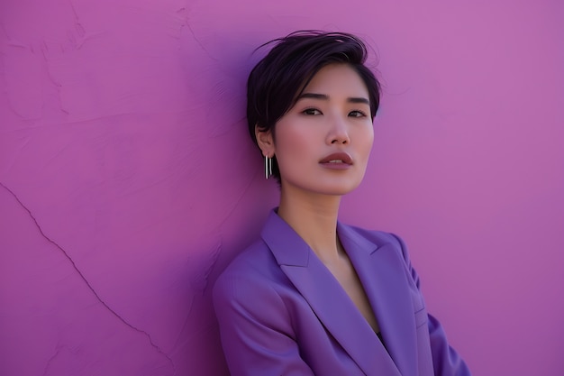 Portrait of woman wearing lavender colored fashion garments for color of the year