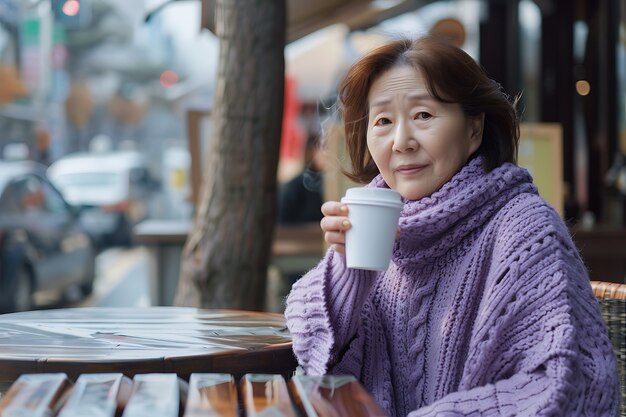 올해의 색을 위해 라벤더 색의 패션 옷을 입은 여성의 초상화