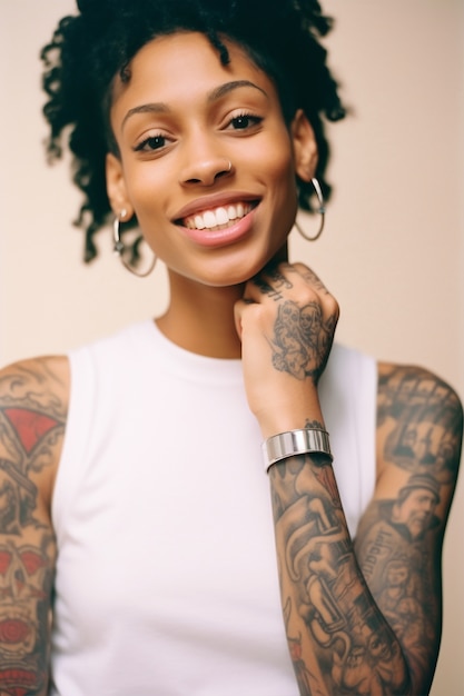 Free photo portrait of woman with body tattoos