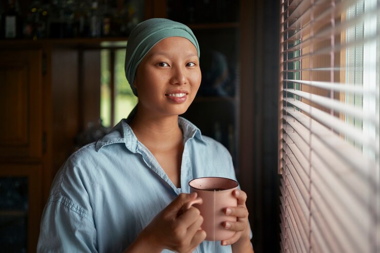 Free Photo portrait of woman with cancer having a drink at home