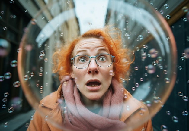 Free photo portrait of woman with clear bubble