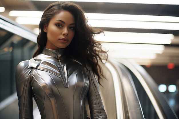 Foto gratuita ritratto di donna con un fantastico costume da supereroe futuristico