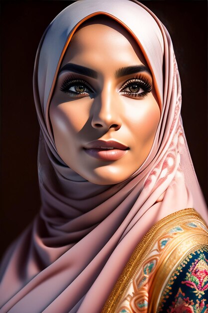 A portrait of a woman with a pink hijab