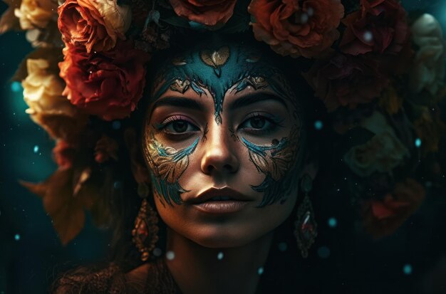 Portrait of a woman with sugar skull makeup over dark background halloween costume and makeup portra