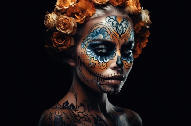 Portrait of a woman with sugar skull makeup over dark background halloween costume and makeup portra