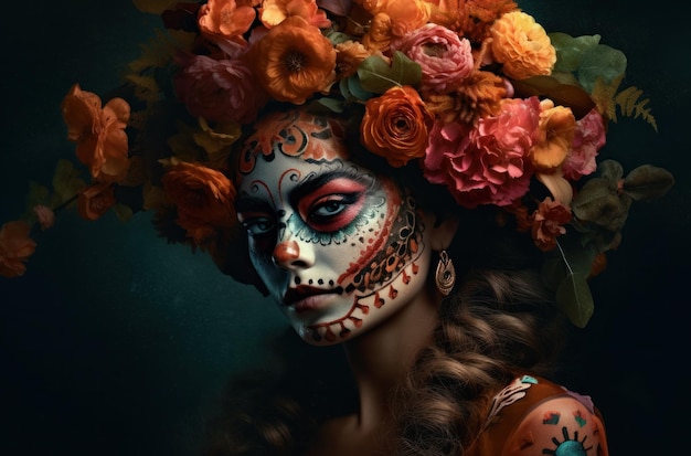 Free Photo | Portrait of a woman with sugar skull makeup over dark ...