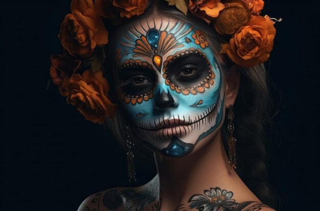 Portrait of a woman with sugar skull makeup over dark background halloween costume and makeup portra