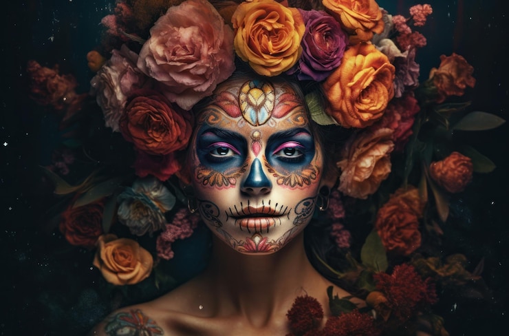 Free Photo portrait of a woman with sugar skull makeup over dark background halloween costume and makeup portra