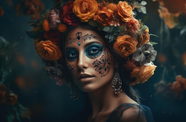 Foto gratuita ritratto di una donna con trucco teschio di zucchero su sfondo scuro costume di halloween e trucco portra