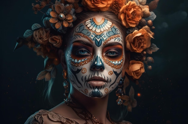 Portrait of a woman with sugar skull makeup over dark background halloween costume and makeup portra