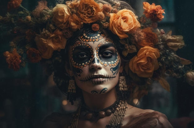 Free photo portrait of a woman with sugar skull makeup over dark background halloween costume and makeup portra