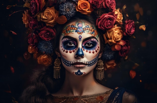 Portrait of a woman with sugar skull makeup over dark background halloween costume and makeup portra