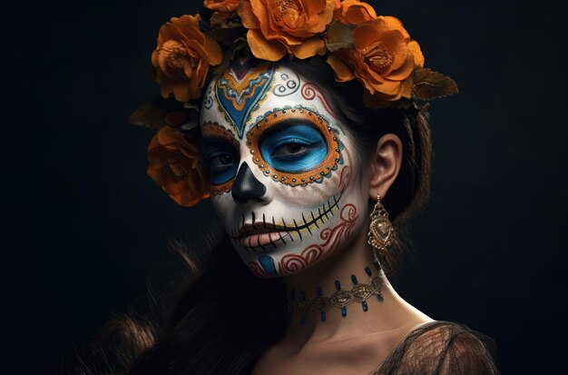 Portrait of a woman with sugar skull makeup over dark background halloween costume and makeup portra