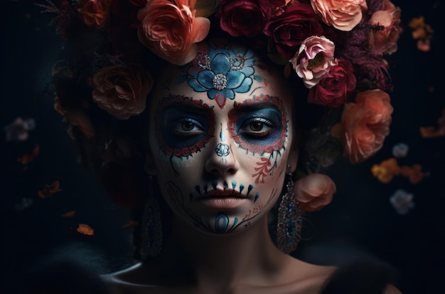 Портрет женщины с макияжем из сахарного черепа на темном фоне костюм на хэллоуин и макияж портрет