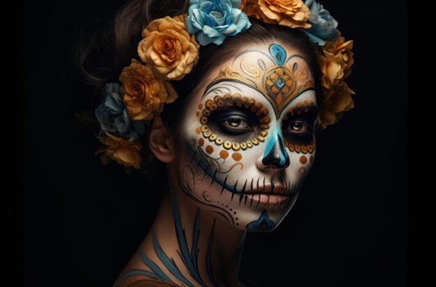 Portrait of a woman with sugar skull makeup over dark background halloween costume and makeup portra