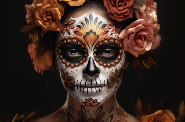 Portrait of a woman with sugar skull makeup over dark background halloween costume and makeup portra