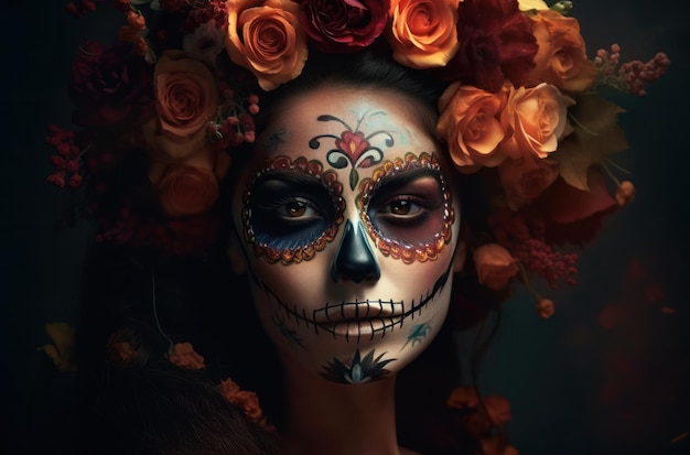 Portrait of a woman with sugar skull makeup over dark background Halloween costume and makeup Portrait of Calavera Catrina Generative AI