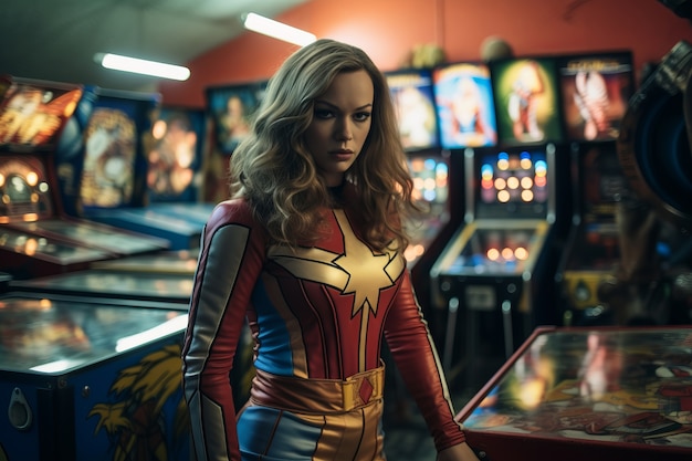 Free photo portrait of woman with superhero suit at casino