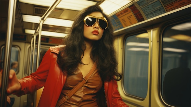 Free photo portrait of woman with superhero suit in the subway train