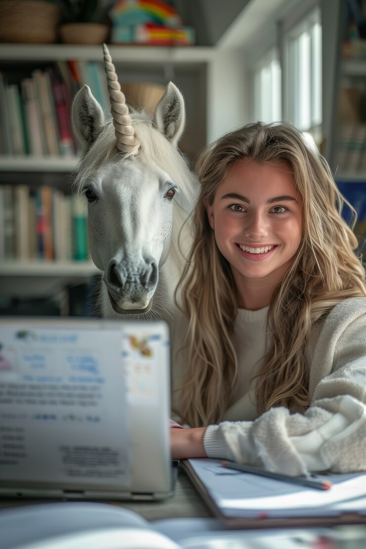 Free Photo portrait of woman with unicorn