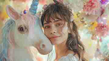 Free photo portrait of woman with unicorn