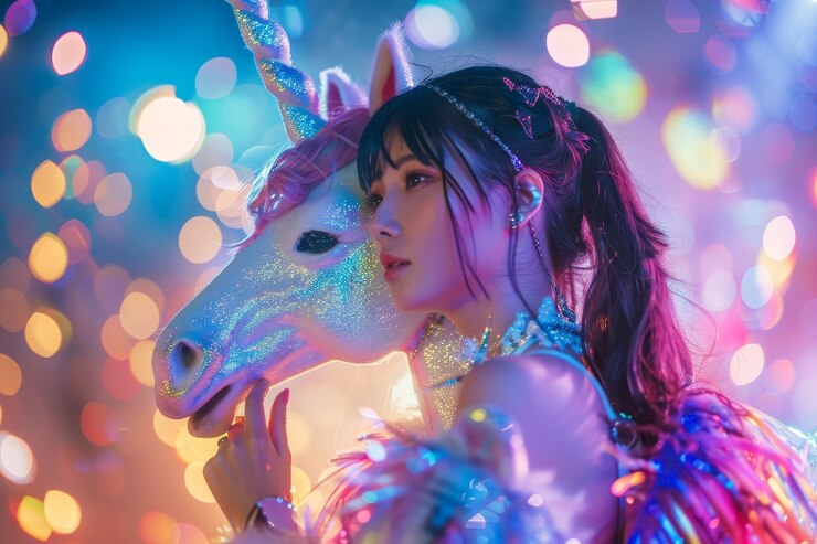 Free Photo portrait of woman with unicorn