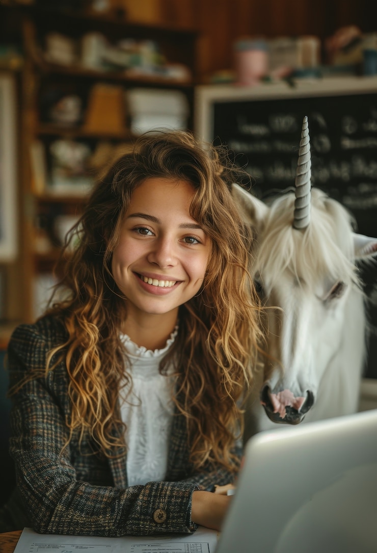 Free Photo portrait of woman with unicorn