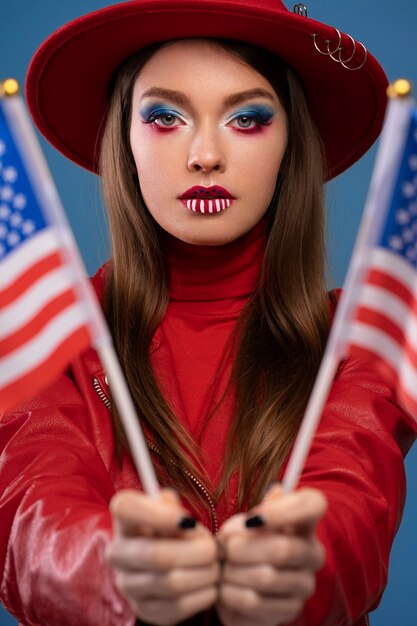 Portrait of woman with usa themed make-up