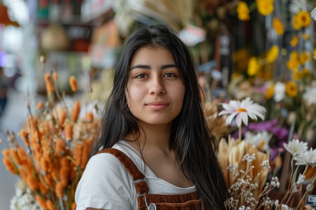 Foto gratuita ritratto di una donna che lavora in un negozio di fiori secchi