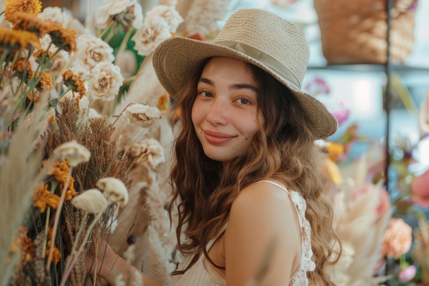 Foto gratuita ritratto di una donna che lavora in un negozio di fiori secchi