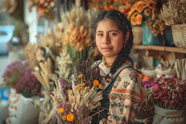 乾燥した花の店で働く女性の肖像画