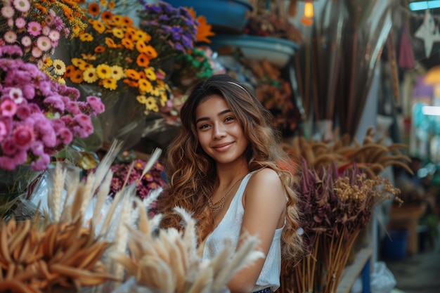 Foto gratuita ritratto di una donna che lavora in un negozio di fiori secchi