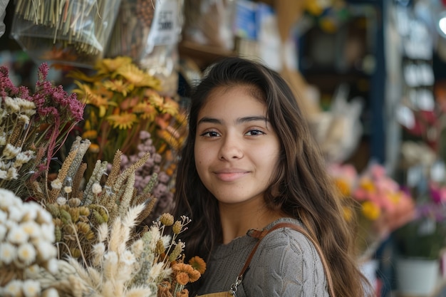 Foto gratuita ritratto di una donna che lavora in un negozio di fiori secchi